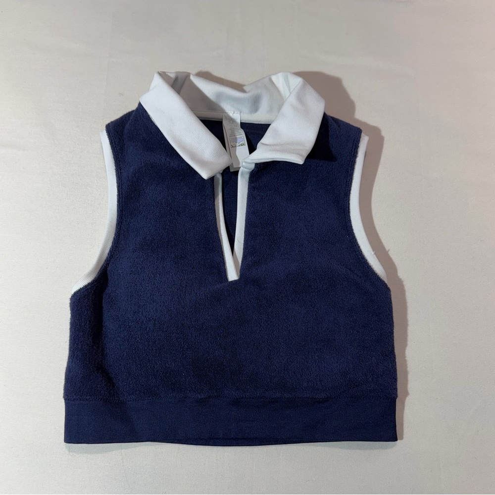 OFFLINE by Aerie Terry Cloth Polo Crop Top Navy Blue Sz M Athleisure Tennis Core